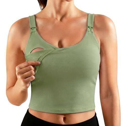 Ecavus Nursing Bras for Breastfeeding Longline Sports Maternity V Neck Buttery Soft Crop Tank Top with Built in Bra