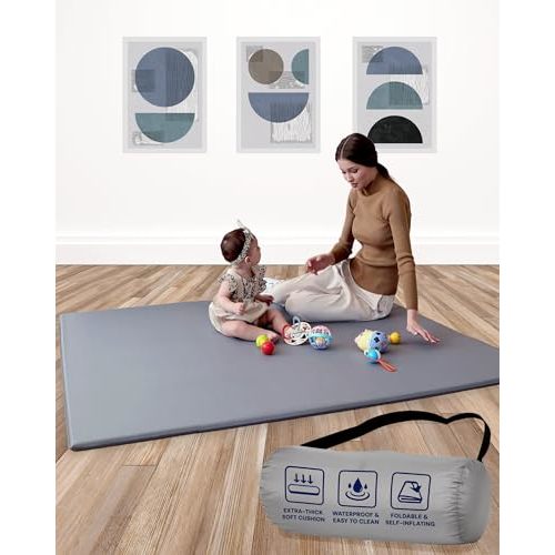 TODALE Waterproof Baby Play Mat Super Thick Baby Mat - Self-Inflating & Foldable for Nursery, Playpen & Outdoor Use (50" x 50" Gray)