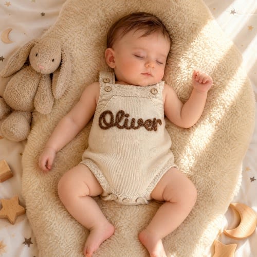 Personalized Hand Embroidered Baby Romper Set | Custom Name Organic Cotton Knit Outfit | Gender Neutral Newborn Coming Home Gift