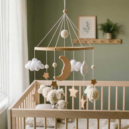 Sheep Baby Mobile with Wooden Arm Option, Neutral Nursery Decor, Boho Crib Mobile, Moon and Cloud Mobile, Gender Neutral Baby Shower Gift
