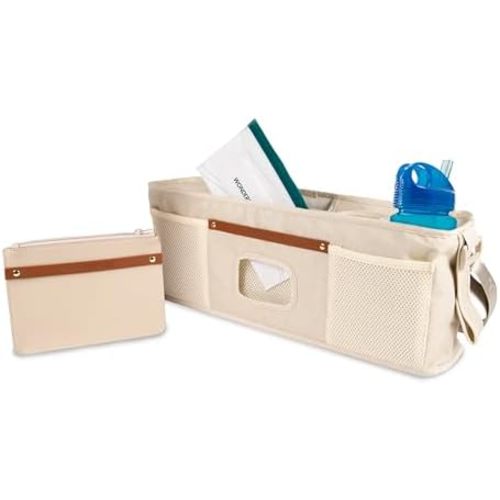 WONDERFOLD Universal Parent Console Stroller Organizer with Insulated Cup Holders, Hook & Loop Closure Handle Attachment, 2 Storage Pockets, Removable Shoulder Strap for Easy Transport