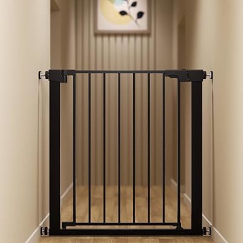 29-32 inches Metal Baby Gate for Stairs/Doorways, 30 inches Tall Pressure Mounted Pet Gates, Auto-Close Child Safety Gate, No Drilling Easy Walk-Through Dog Gate Indoor, Black
