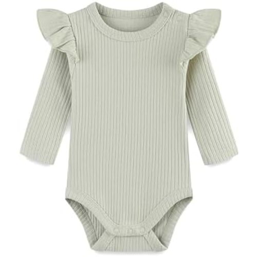 Baby Girl Knit Ruffle Outfit Clothes Ribbed 100% Organic Cotton Solid Color Long Sleeve Romper Clothes 0~24M