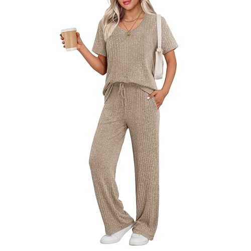 Ekouaer Womens Ribbed Knit Lounge Set Short Sleeve Top and Long Pants Sleepwear Pajama Set Two Piece Matching Outfits Set