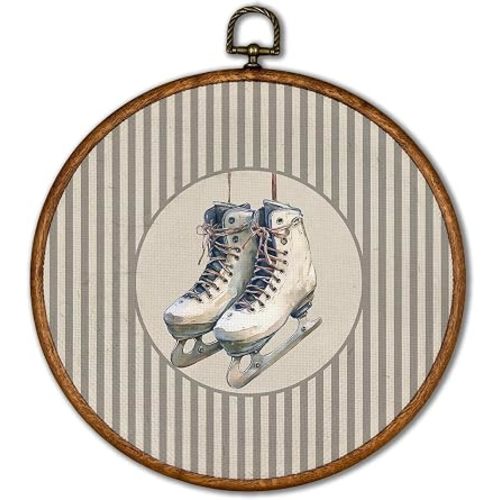KSDUT Vintage Ice Skates Wall Art Decor - Retro Sports Trendy Wall Art Canvas Frame Hanging Prints, Nursery Sports Gallery Round Artwork Decor for Kids Boys Room Home Decorations 10"x10"