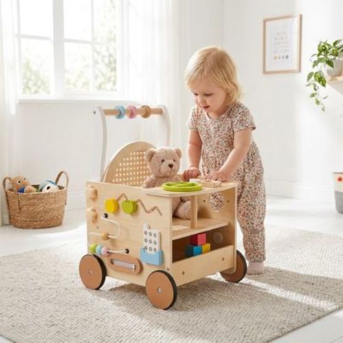 Wooden Baby Walker with Wheels 13-in-1 Push Walker Activity Center with Storage, Natural, Ages 1+