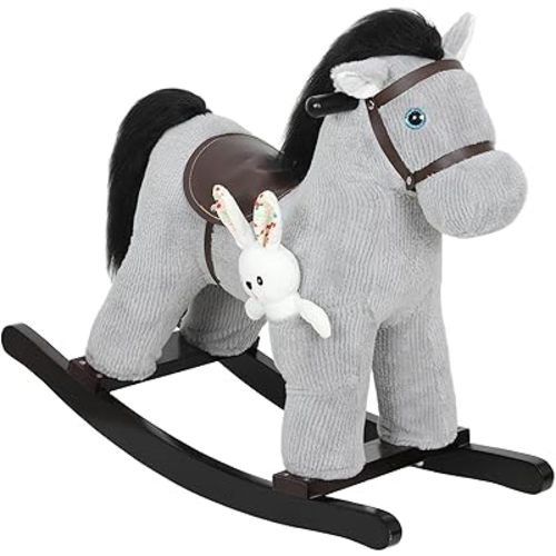 Qaba Rocking Horse, Kids Plush Animal Rocker with Realistic Neighing Sound for Toddlers 2–5 Years Old, Soft Filling Ride on Horse with Rabbit Toy, Gray