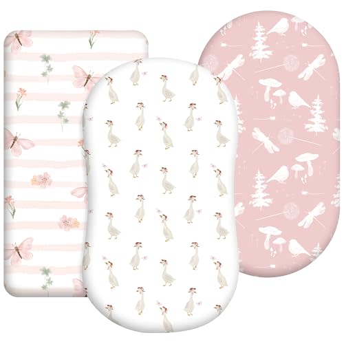 Civarua Kids 3-Pack Organic Bassinet Sheets for Girls Stretch, Soft Cozy Fitted Bassinet Mattress Sheet (32" x 16") Universal Fit for Hourglass, Oval, & Rectangle Mattresses Pink Butterfly
