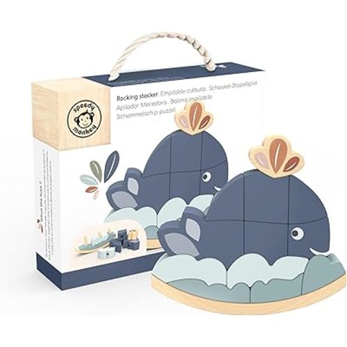 Speedy Monkey Rocking Stacker – Whale Balance Game, 13 Wooden Pieces, Fun Skill Challenge for Family, Develops Hand-Eye Coordination, Fine Motor Skills, Non-Toxic Paint, for Kids 2-6 Years