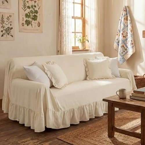 Beige Cottagecore Couch Cover with Ruffle, 118" w x 71" h