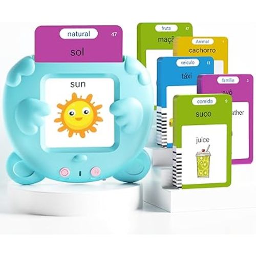 Portuguese and English Talking Flash Cards for Toddlers, 224 Sight Words Bilingual Learning Toys for Kids, Autism Pocket Speech Therapy Toys, Brazil Português Vocabulary Educational Flashcards