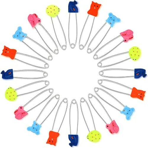 30 pcs Baby Safety Diaper Pin with Plastic Head Animal Pattern 2.4 Inch Secure Clips for Fastening Baby Clothes Diaper Napkins Stainless Steel Kids Newborn Safety Pin with Lock Buckle, Random Patterns