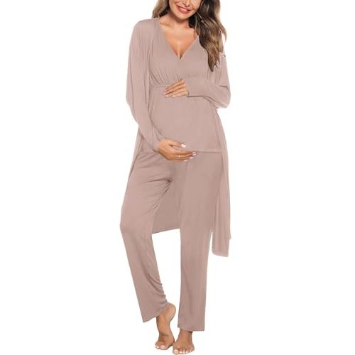 SWOMOG Maternity Nursing Robe Set 3 Piece Postpartum Breastfeeding Pajamas 3 in 1 Hospital Labor Delivery Pregnancy Pjs