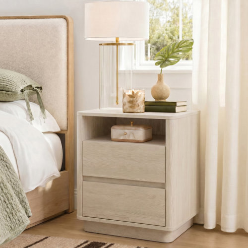Ebern Designs Monterrey 19.7" W Modern Nightstand with 2 Drawers, Open Cubby and LED Light | Wayfair