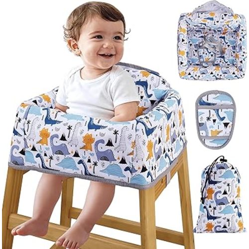 High Chair Cover Portable with 3-Point Harness, Waterproof Baby Seat Cover for Restaurant Travel Home Use, Machine Washable, Fits Wooden Chairs (Colorful Dinosaurs)