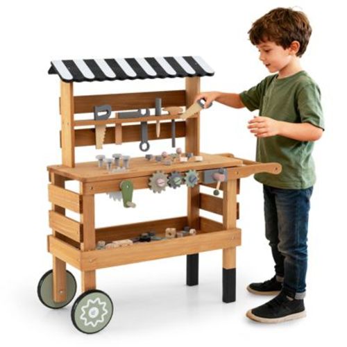 Costway 2-in-1 Wooden Kids Cart & Tool Bench Play Workbench w/Realistic Tools Top Canopy