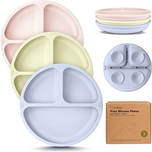 KeaBabies Suction Plates for Baby, Toddler - 3-Pack 100% Silicone Toddler Plates with Suction, Divided, BPA-Free Baby Led Weaning Essentials for Kids, Dishwasher, Microwave Safe, Durable (Rain)