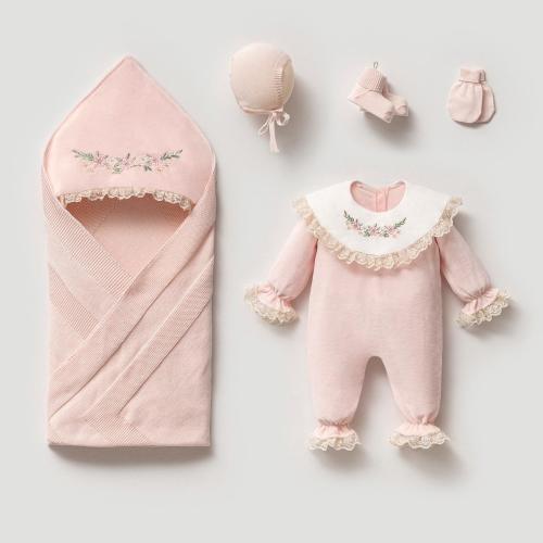 Floral Embroidered Cotton Knit Baby Girl Outfit - Newborn Coming Home Set