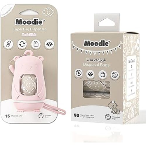 Moodie Teddy Bear Diaper Bag Dispenser w/Silicon Strap (ROSIE PINK) & 6 Refill Roll PACK (UNSCENTED - 105 Bags TOTAL) | Diaper Bag Essential Items