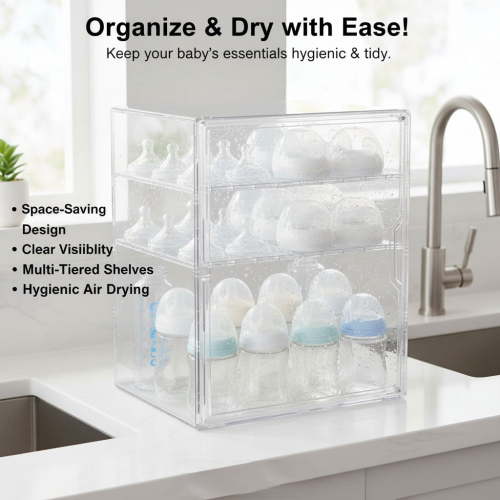 Baby Bottle Organizer, 3 Tiers Adjustable Clear Acrylic Storage Station Case Box Container for Bottles, Pacifiers, Pump Parts, Bottle Organizer Baby for Countertop and Cabinet