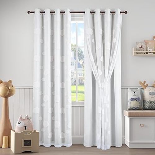 White Room Darkening Curtains with Sheer Overlay Double Layer Nursery Drapes Grommet Cloud Pattern Panels for Bedroom Living Room, 2 Panels Each 52 x 84 Inch