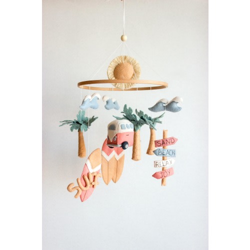 Surf baby mobile, surfer girl nursery mobile, beach baby mobile, surfboard mobile