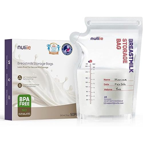 Nuliie 50 Pcs Breastmilk Storage Bags, 8 OZ Breast Milk Storing Bags, BPA-Free, Milk Storage Bags with Pour Spout for Breastfeeding, Self-Standing Bag, Space Saving Flat Profile