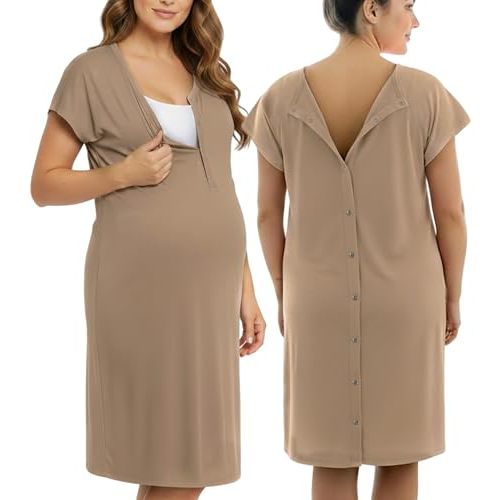 PATPAT Maternity Labor and Delivery Gown, Womens Hospital Gown with Pockets | Pregnancy through postpartum, soft fabric, full back opening for checks, easy nursing access, skin-to-skin, side pockets