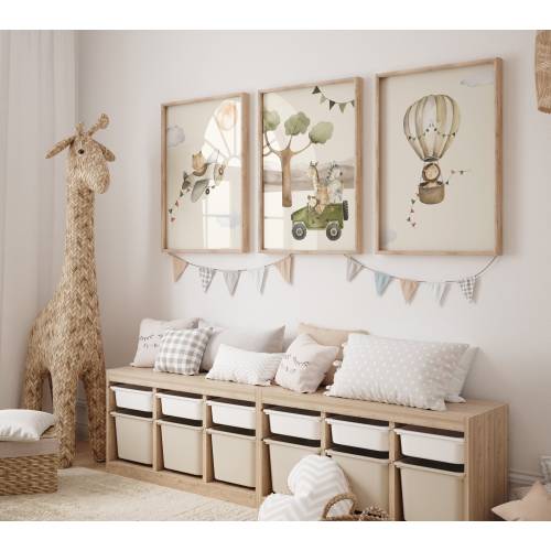 Wall Picture Set of 3 Posters P722 / Safari Adventure Hot Air Balloon Airplane Car / Children's Room Decoration Wall Pictures Pictures