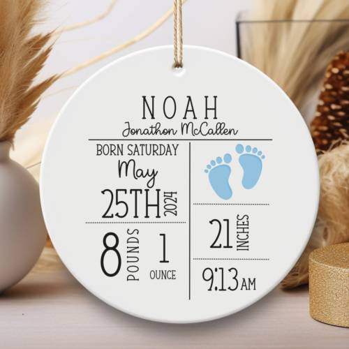 Personalized Birth Announcement Ornament, Custom Newborn Baby Birth Stats Keepsake, Customized Baby Shower Gift, Nursery Decor Present