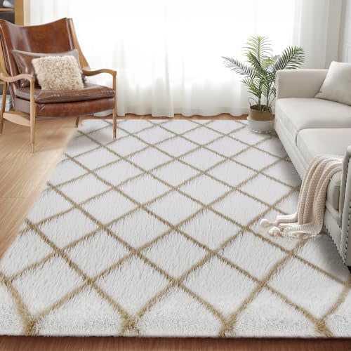 TOOHUB Fluffy Rug for Bedroom, 5X7Feet Stripe Checkered Rug Anti-Skid High Pile for Living Room Bedroom Kids Room Nursery, Dorm Home Decor
