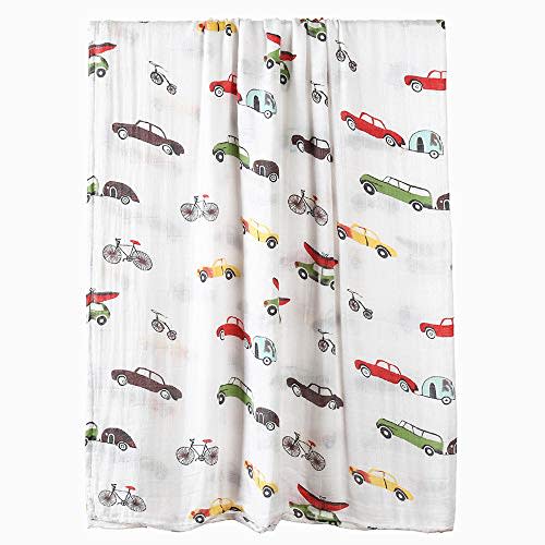 Baby Muslin Swaddle Blankets Unisex, 100% Bamboo Cotton 2 Layer Large 47 x 47 inch, Swaddle Wrap, Swaddle Blanket, Newborns Infant Toddler, Yellow Car