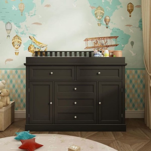 Black Wooden Changing Table, Chest of Drawers, Dresser with 3 Drawers, 4 Shelves and 2 Doors