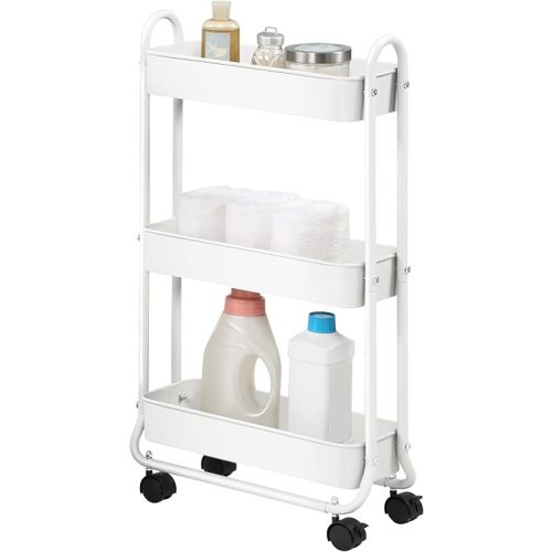 SunnyPoint Slim Rolling Storage Cart, 3 Tier Bathroom Storage Organizer Bathroom, Laundry Utility Cart (White)
