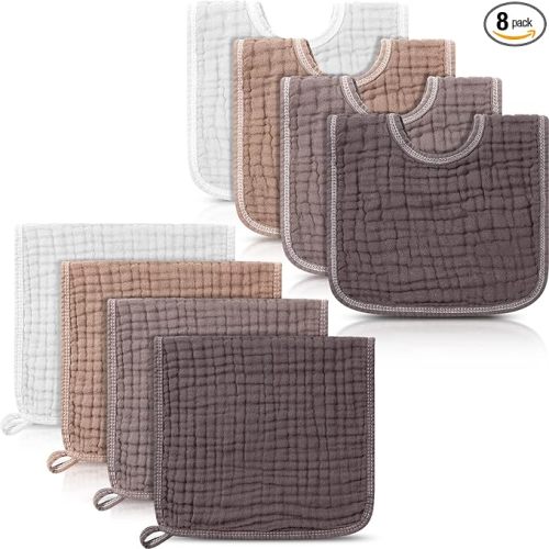 Tallew 8 Pack Muslin Burp Cloths and Baby Bibs for Boy Girl 20" x 10" Cotton Baby Bandana Drool Bibs Muslin Burp Cloths Absorbent Rag for Newborn Toddler Infant Gifts(Dark Color)
