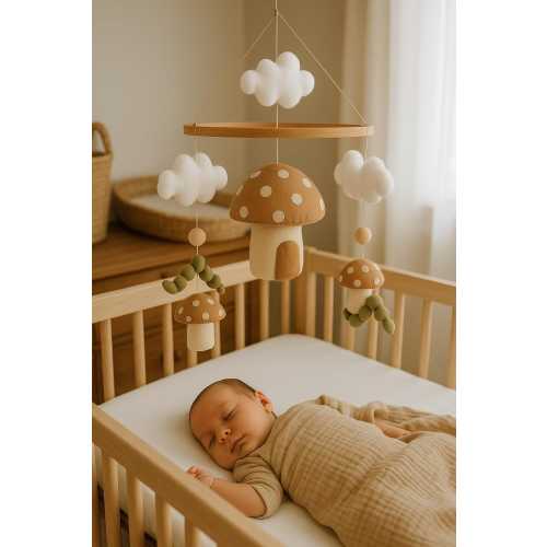 Boho Handmade Mushrooms And Caterpillar Baby Mobile: Felt Nursery Forest Themed Decor