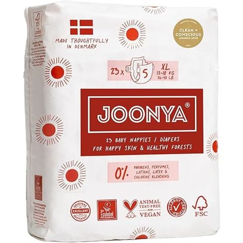 Joonya Baby Diapers, Size 5 XL (26-40 lb) - 1 Bag of 23 - New Range - NonToxic, Eco-Friendly, Ultra Slim, Overnight Use - Made in Denmark