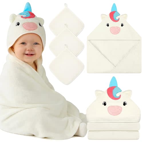 4 PCS Baby Towels Set, Soft Absorbent Baby Hooded Bath Towel, 1 Baby Towel and 3 Baby Washcloths for Newborns, Toddlers, and Kids, 32x32 inch Baby Towel for Boy and Girl (White Unicorn)