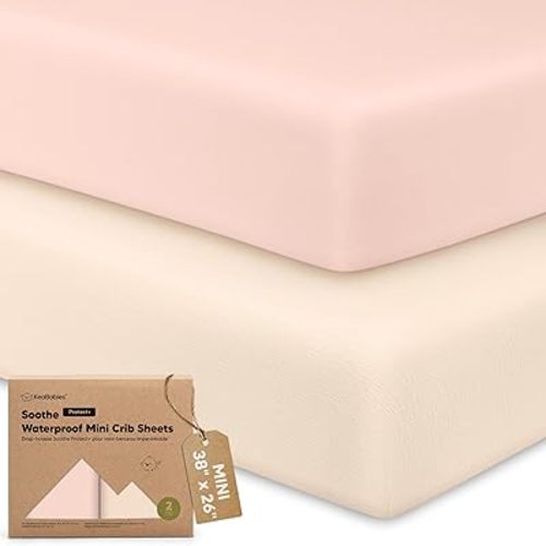 2 Pack and Play Sheets, Waterproof Mini Crib Sheets Fitted - 38x26 Organic Cotton Pack N Play Sheets for Graco Pack and Play Mattress, Playard Baby Crib Sheets, Neutral for Boy, Girl, Toddler (Cameo)