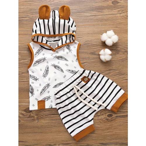 0-24M Newborn Baby Summer Clothes Set Sleeveless Print Hooded Vest + Drawstring Stripe Shorts Boys Girls 2Pcs Cute Outfits | SHEIN USA