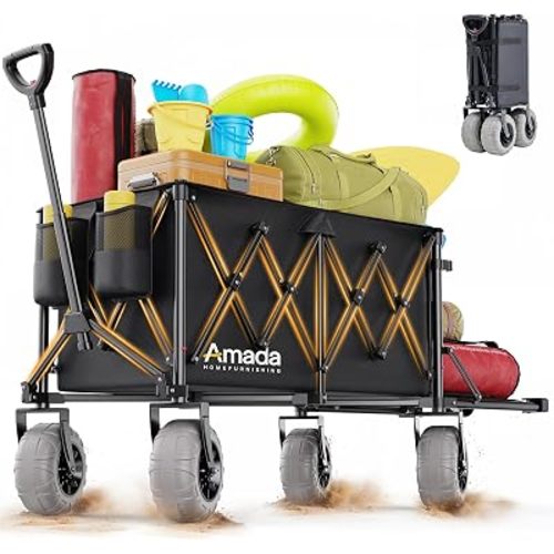 Beach Wagon with Big Wheels for Sand, 260L Capacity, Heavy Duty All-Terrain Folding Wagon with Expandable Rear, Durable Carbon Steel Frame & Big 8.3" Wheels for Beach, Outdoor & Camping Activities