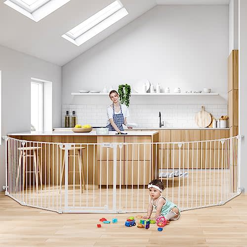 COMOMY 150" Extra Wide Baby Gate with Door, Dog Gates for The House Doorways Fireplace, Auto Close Baby Fence Play Area, Walk Through Pet Gate, Hardware Mounted, 6-Panels (30" Tall, White)