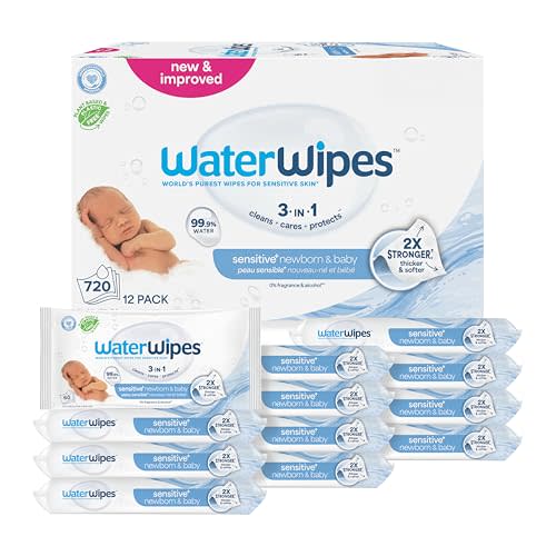WaterWipes Sensitive+ Newborn & Baby Wipes, 3-In-1 Cleans, Cares, Protects, 99.9% Water, Unscented & Hypoallergenic, 720 Count (12 Packs)