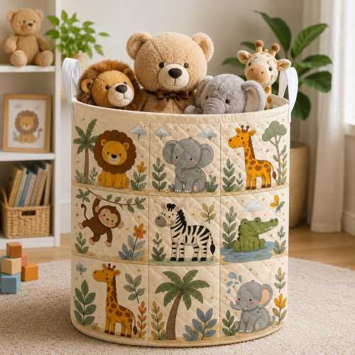Safari Animal Quilted Laundry Basket, Jungle Nursery Storage Bin, Baby Laundry Hamper, Nursery Room Decor Gift