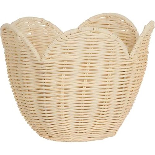 Handwoven Scalloped Basket, Scalloped Wicker Basket, Scalloped Edge Basket for Home Organization, Hand Woven Shelf Decorative Basket for Living Room, Bathroom, Nursery (Natural Rattan, S-7.87*5.91IN)