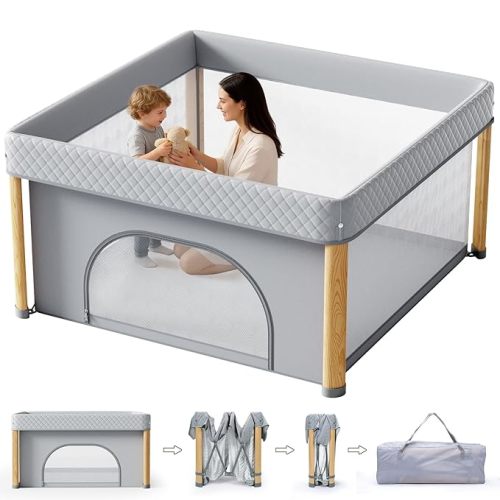 Foldable Baby Playpen, 59x59 Foldable Play Pen for Babies and Toddlers, Portable Playpen Indoor Outdoor, Kids Safety Area Travel Play Yard with Storage Bag White