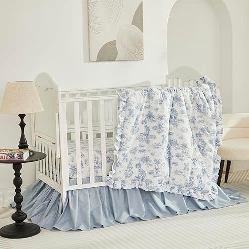Brandream French Country Toile Crib Bedding Set for Girls Vintage Blue Toile Floral Print 100% Cotton Baby Girl Nursery Bedding Collection - Ruffles Quilt,Toile Crib Sheet,Crib Bed Skirt 3 Pieces