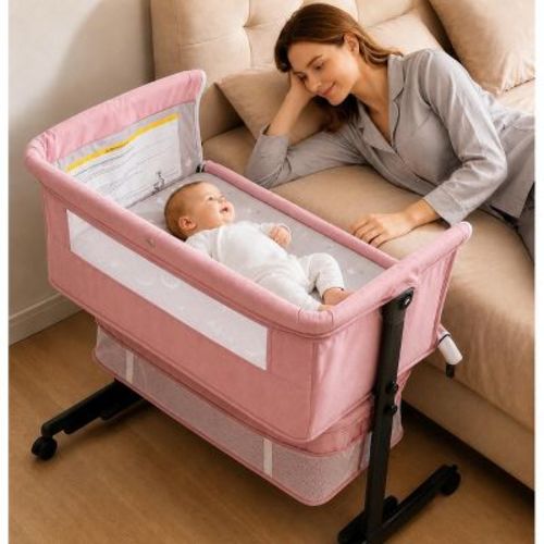 Kmaier Baby Bassinet 3 in 1 Foldable Portable Crib,6 Adjustable Height,with WheelsBaby Bassinet Rocking-,Pink