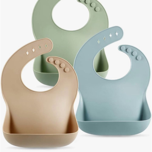 PandaEar Set of 3 Silicone Baby Bibs Waterproof, Soft, Unisex, 10-72 Months (Brown/Blue/Green)