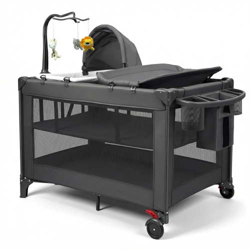 RUPOUN Baby Playards, Foldable Nursery Center Playpen and Toy Mobile, Portable Travel Bassinet, Locking Wheels, Gray